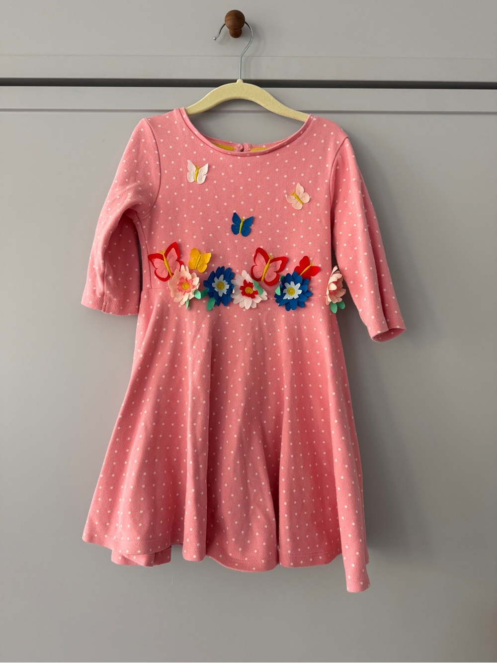 NWOT Mini Boden Pink Polka Dot Dress with 3D Butterfly & Flower Appliqués (5/6)